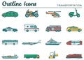 Transportation icons set. City cars and vehicles transport. Car, ship, airplane, train, motorcycle, helicopter. Outline Royalty Free Stock Photo