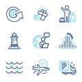 Transportation icons set. Included icon as Flight time, Truck parking, World globe signs. Vector Royalty Free Stock Photo