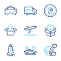 Transportation icons set. Included icon as Packing boxes, Rocket, Send box signs. Vector