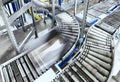 Transportation line conveyor roller with container in motion