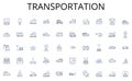 Transportation line icons collection. Racquet, Skateboard, Helmet, Paddle, Disc, Wetsuit, Golfbag vector and linear
