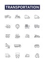 Transportation line vector icons and signs. Cars, Trains, Boats, Planes, Shipping, Cycling, Cabs, Subways outline vector Royalty Free Stock Photo