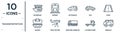 transportation linear icon set. includes thin line houseboat, hatchback, road, crop duster, flatbed lorry, minivan, wagon icons