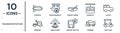 transportation linear icon set. includes thin line zeppelin, dugout canoe, jalopy, hang glider, zamboni, golf cart, wrecker icons