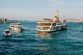 Transportation of local residents and tourists by sea via the Bosphorus in Istanbul. Scenic panoramic view. Travel, rest