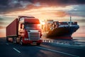 Transportation and logistic industry represented by truck, container ship Royalty Free Stock Photo