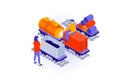 Transportation and logistics concept in 3d isometric design. People use delivery service by freight railway delivering with cargo