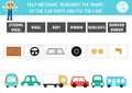 Transportation matching activity with cute transport and missing parts. Match objects and names game or puzzle. Printable