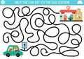 Transportation maze for kids with auto, driver, passenger. Urban transport preschool printable activity. Labyrinth game or puzzle