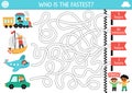 Transportation maze for kids with car, train, boat, plane and time concept. Transport competition preschool printable activity.