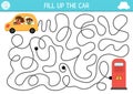 Transportation maze for kids with electric auto, driver, passenger. Ecological transport preschool printable activity. Labyrinth