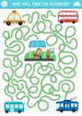 Transportation maze for kids with girl waiting for transport. Urban preschool printable activity. Labyrinth game or puzzle with