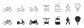 Transportation Modes Line and Silhouette Icon Set. Bike, Motorcycle, Moped, Cable Car, Pedestrian, Helicopter Pictogram Royalty Free Stock Photo