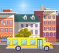 School Bus in Old City, Riding Transport for Kids Royalty Free Stock Photo