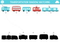 Transportation shadow matching activity. Public transport puzzle with cute bus, trolleybus, tram, train. Find correct silhouette