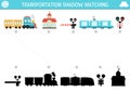 Transportation shadow matching activity. Railway transport puzzle with cute trains, station, semaphores. Find correct silhouette