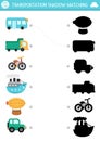 Transportation shadow matching activity. Transport puzzle with cute car, truck, ship, zeppelin, bike, bus. Find correct silhouette