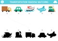 Transportation shadow matching activity. Transport puzzle with cute car, truck, speedboat, plane, train. Find correct silhouette