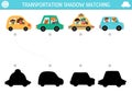 Transportation shadow matching activity. Transport puzzle with cute cars, taxi, drivers. Find correct silhouette printable