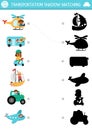 Transportation shadow matching activity. Transport puzzle with cute helicopter, bus, scooter, boat, plane, drivers. Find correct