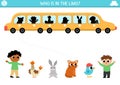 Transportation shadow matching activity. Transport puzzle with cute limousine car and passengers. Find correct silhouette