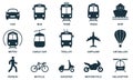 Transportation Silhouette Icon Set. Public Transport Station Glyph Symbol. Railway, Motorcycle, Vehicle, Air Transport Royalty Free Stock Photo