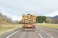 Transport stacked chopped wood logs renewable energy on flat back lorry truck Royalty Free Stock Photo