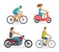 Transportation, trip, driving icon set. People rides by transport, concept. Cartoon vector illustration Royalty Free Stock Photo