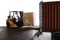 Transportation and unloading of goods for export from the warehouse by forklift into the container on a white background. Royalty Free Stock Photo