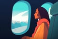 woman journey transportation flight trip cabin passenger character plane window seat. Generative AI.