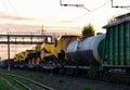 Transporting combine harvesters by rail.