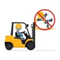 Transporting people on the forklift is prohibited. Dangers of driving a forklift. Forklift driving safety. Work accident in a Royalty Free Stock Photo
