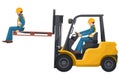 Transporting people on the forklift is prohibited. Dangers of driving a forklift. Forklift driving safety. Work accident in a Royalty Free Stock Photo