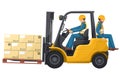 Transporting people on the forklift is prohibited. Fork lift truck transporting a wooden box packing pallet. Work accident in a