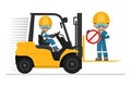 Transporting people on the forklift is prohibited. Safety in handling a fork lift truck. Security First. Accident prevention at
