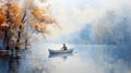 Transports viewers to a serene natural settingâa picturesque lake framed by trees with a small boat carrying a fisherman