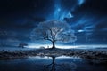 Mystical tree under the enchanting night sky with blinking lights