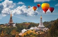 Transpotation, Sport and Recreation concept. Colorful hot-air balloons flying over the mountain. Chiang Mai in Thailand Royalty Free Stock Photo