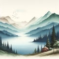 Transquil mountains in minimalist, with beautiful lake view, tree, watercolor, 3D art print Royalty Free Stock Photo