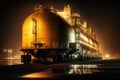 transshipment of oil in large tank at night, refinery complex