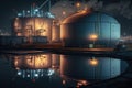 transshipment of oil in large tank at night, refinery complex