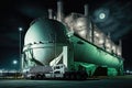 transshipment of oil in large tank at night, refinery complex