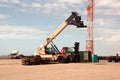 Transshipment terminal for loading steel products to sea vessels using shore cranes and special equipment in Port Pecem, Brazil,