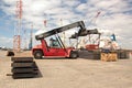 Transshipment terminal for loading steel products to sea vessels using shore cranes and special equipment in Port Pecem, Brazil,