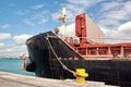 Transshipment terminal for loading steel products to sea vessels using shore cranes and special equipment in Port Pecem, Brazil, Royalty Free Stock Photo