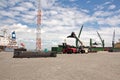 Transshipment terminal for loading steel products to sea vessels using shore cranes and special equipment in Port Pecem, Brazil, Royalty Free Stock Photo