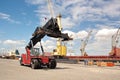 Transshipment terminal for loading steel products to sea vessels using shore cranes and special equipment in Port Pecem, Brazil,