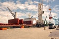 Transshipment terminal for loading steel products to sea vessels using shore cranes and special equipment in Port Pecem, Brazil,