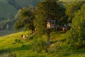 Transylvania landscape in the summer time with mountains and haystacks, mountain village in Romania Royalty Free Stock Photo