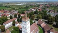 Transylvania, Romania. Harman aerial view of medieval fortified church built by Saxons